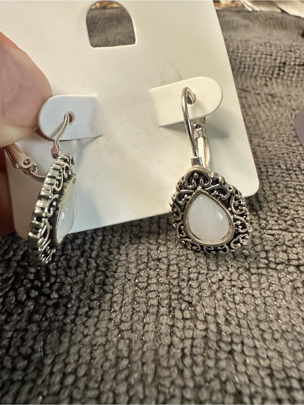 Source Unknown Silver Filigree Teardrop Earrings with White Cabochon